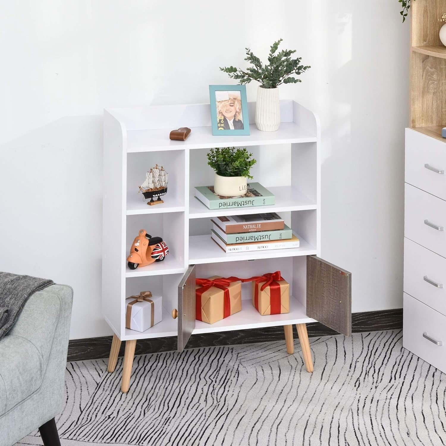 Modern 6-Shelf White & Grey Bookcase with Storage Cabinet | 91cm High