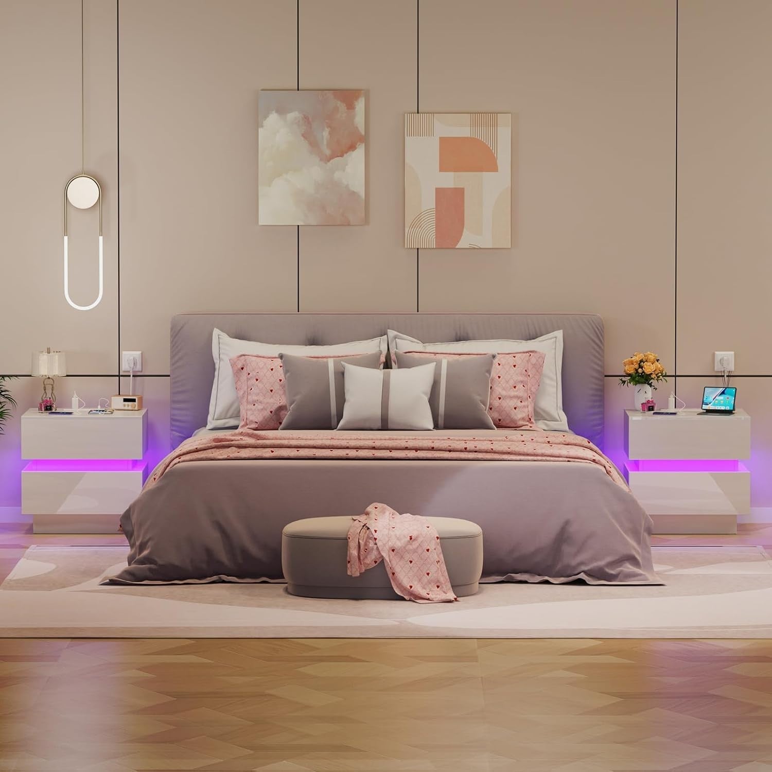 White LED Bedside Table with Power Socket, RGB Light & 2 Drawers