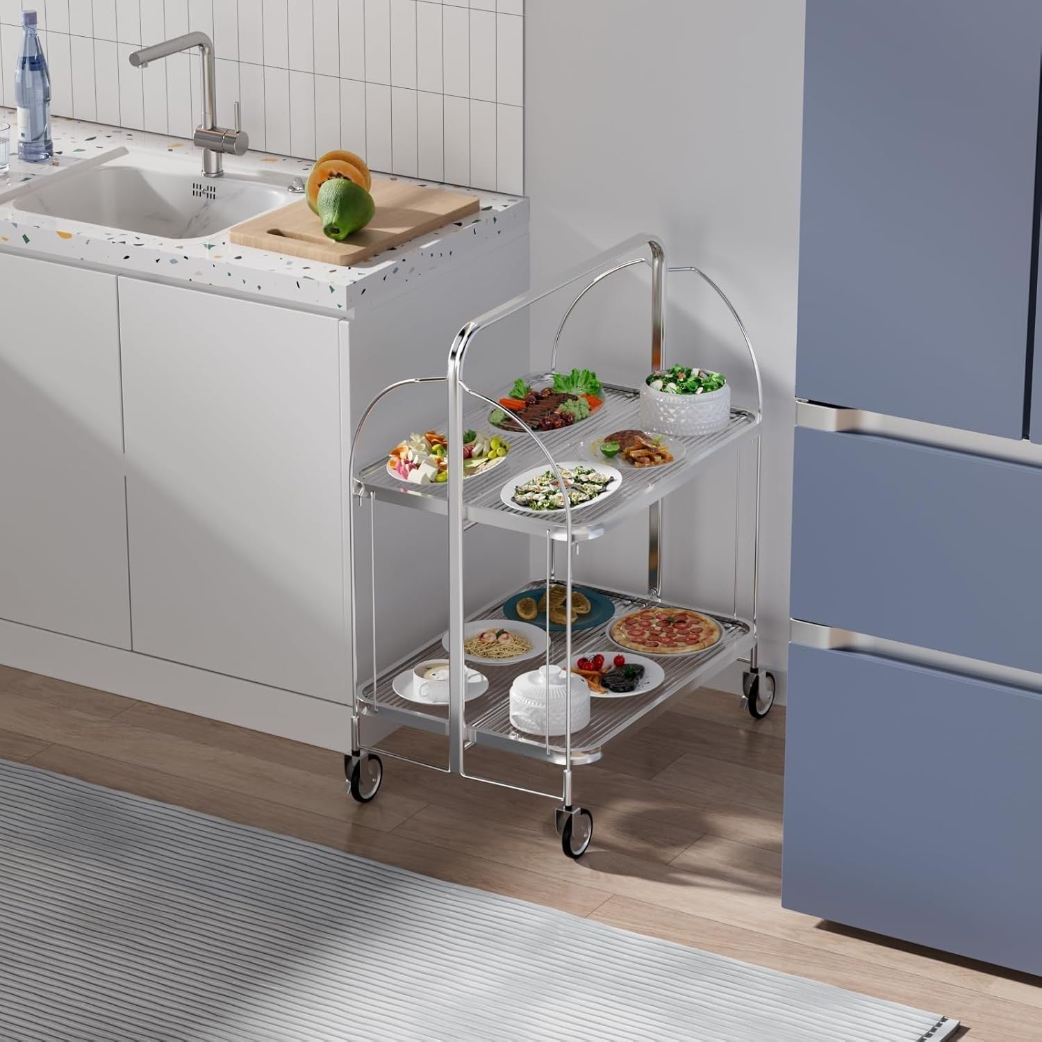 Folding Acrylic Bar Cart 68cm 2 Tier Glass