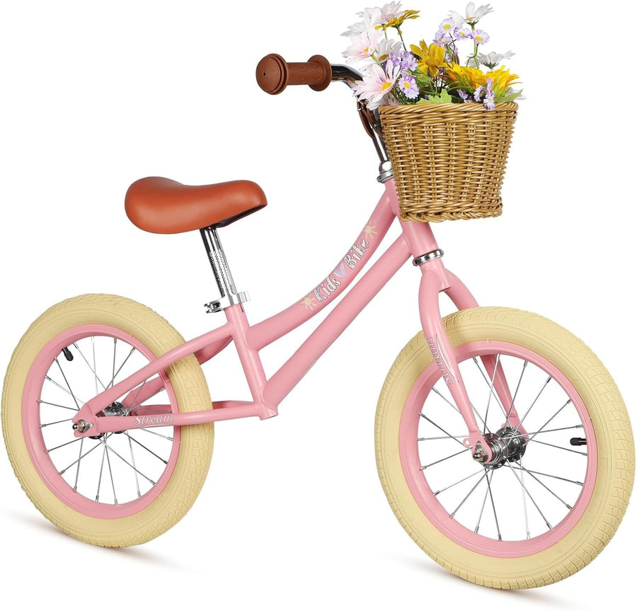 14" Kids Balance Bike with Basket Adjustable No Pedal Training Bike Pink