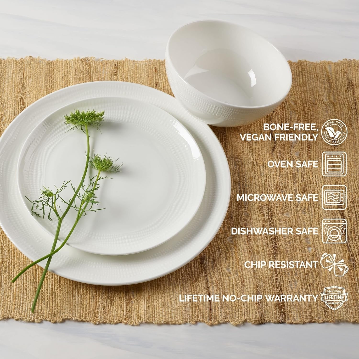 12 Piece Vegan Bone China Dinner Set Chip Resistant Plates Bowls White
