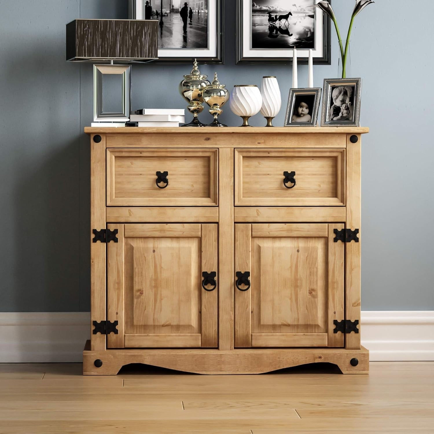 Rustic Solid Pine Sideboard 2 Door 2 Drawer Storage Cabinet 86cm Natural