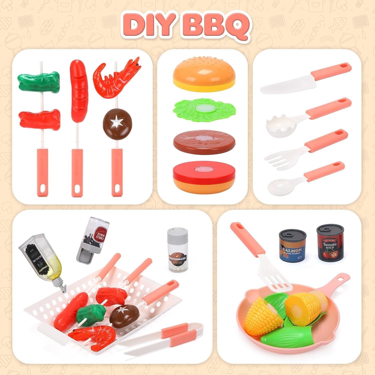 Kids BBQ Grill Toy Set w/ Mist Spray Lights Sounds Color Change