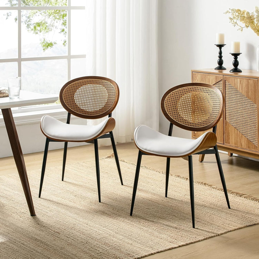 Set of 2 Rattan Back Dining Chairs Upholstered Wood Frame Kitchen Seats