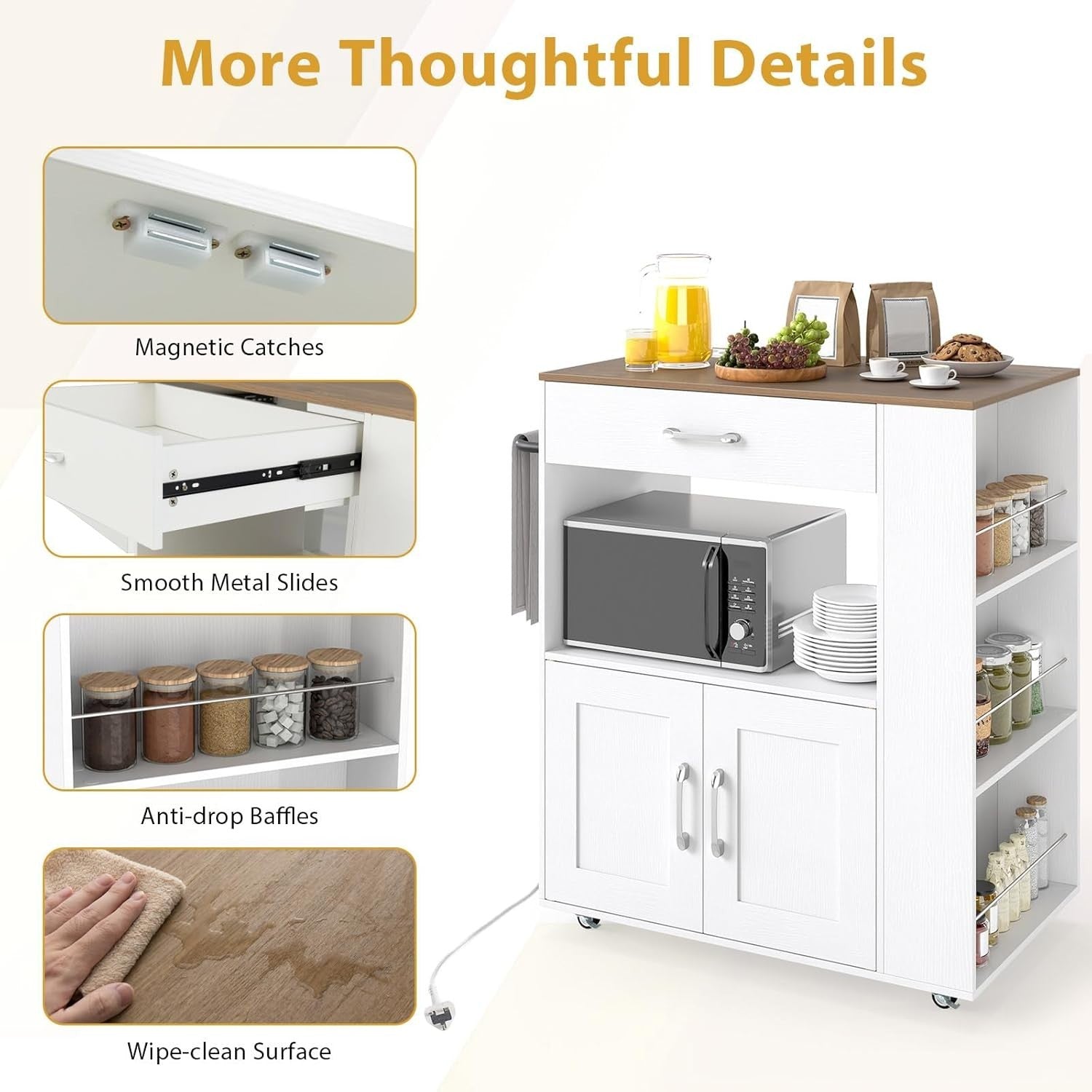 White Rolling Kitchen Island Cart with Power Outlets