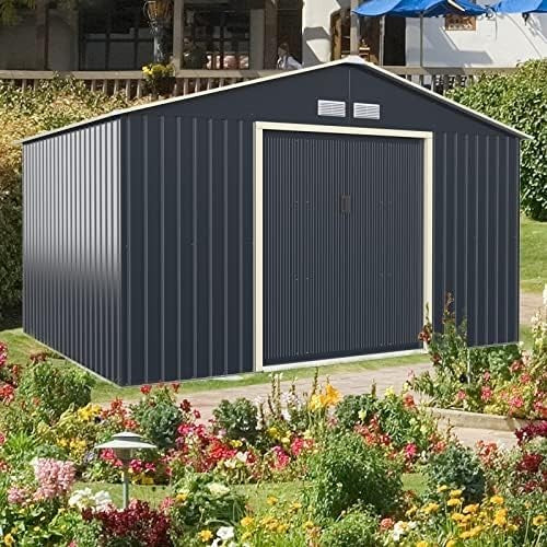 Metal Garden Storage Shed 11x8ft Waterproof Outdoor Tool Shed,Sliding Doors Grey