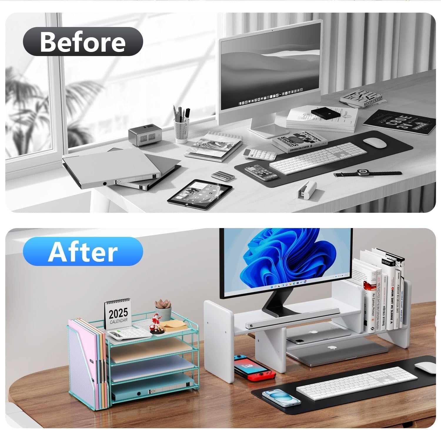 4-Tier Desk Organizer with Magazine Rack | Metal File & Paper Storage