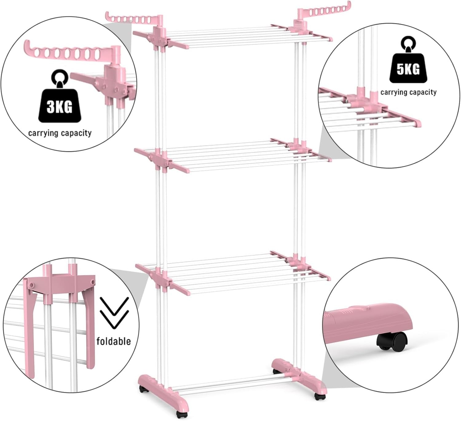 4 Tier Clothes Airer Folding Laundry Drying With Wheels Stainless Steel