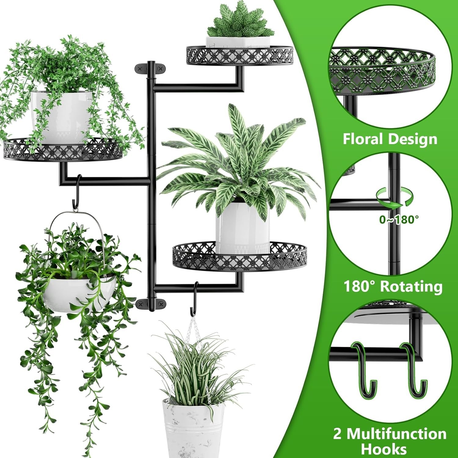 3 Tier Rotating Window Plant Shelf | Metal Wall Hanging Planter Rack with Hooks