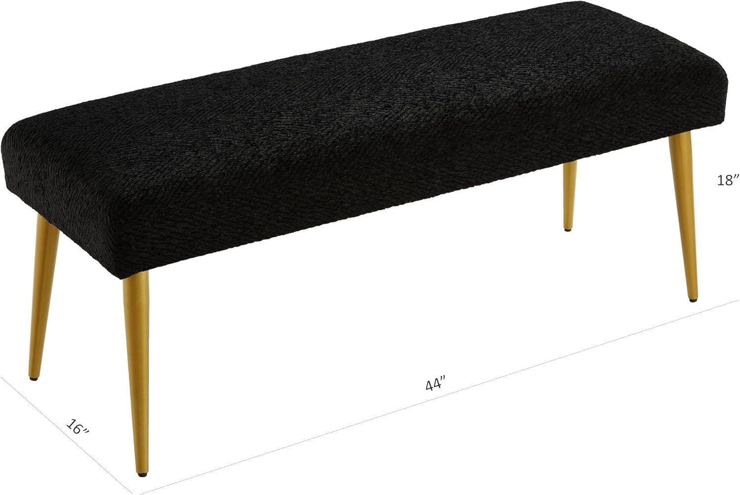 Luxury Black Upholstered Entryway Bench with Gold Metal Legs – 112cm Padded