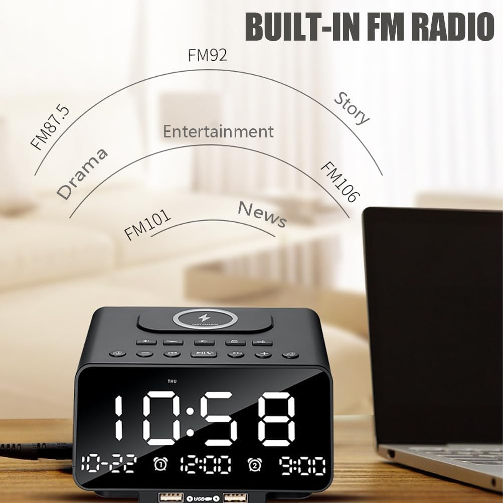 Bluetooth Alarm Clock Radio Wireless Charging LED Night Light USB FM Speaker
