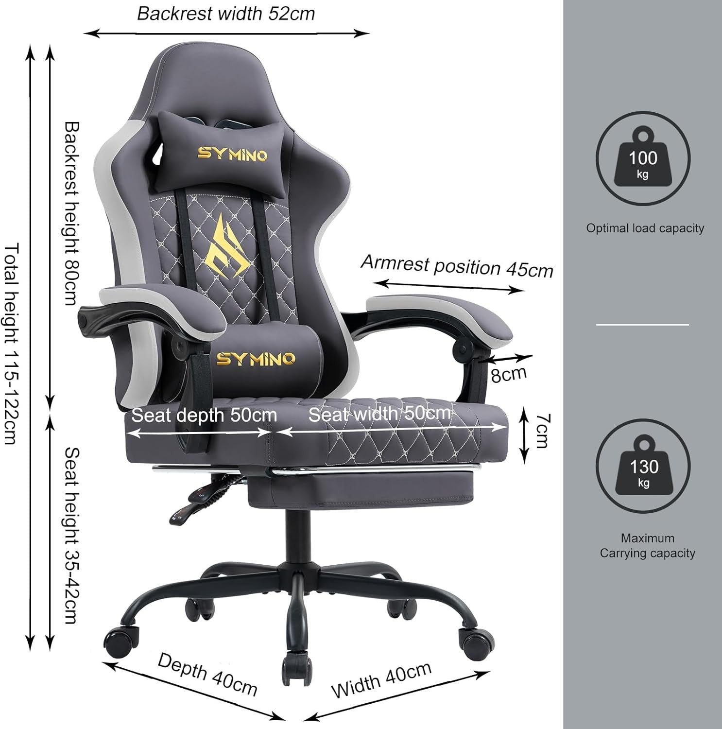 Ergonomic Gaming Chair w/ Footrest Recliner PU Leather Grey Grey White