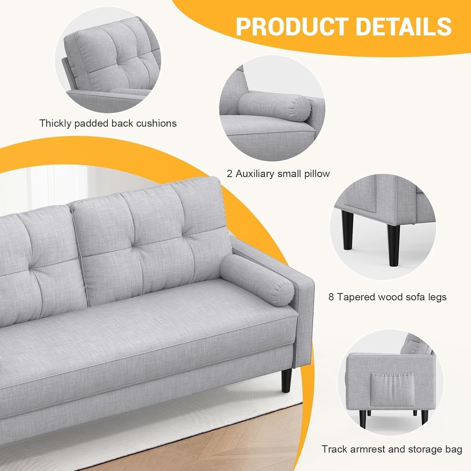 Grey 2 Seater Sofa Linen Fabric Couch Storage Cushions Small Room Ready