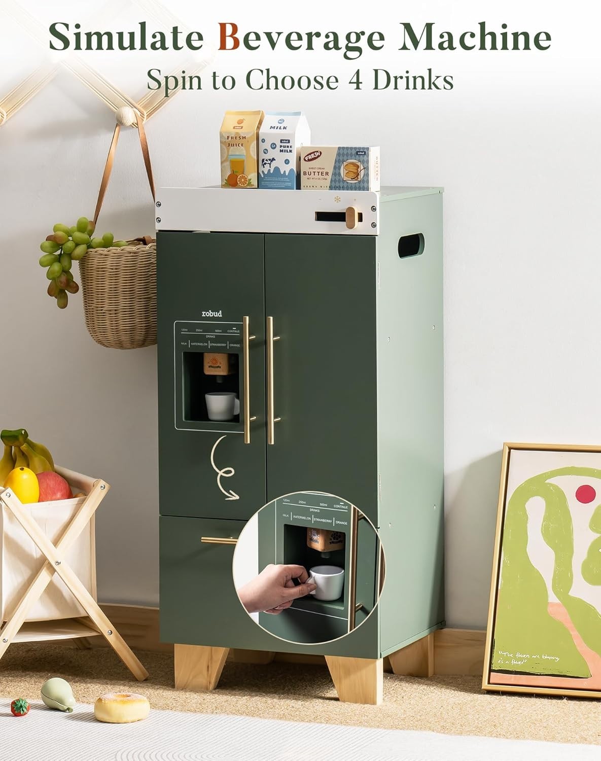Wooden Kids Toy Fridge Vintage Green Pretend Kitchen Refrigerator