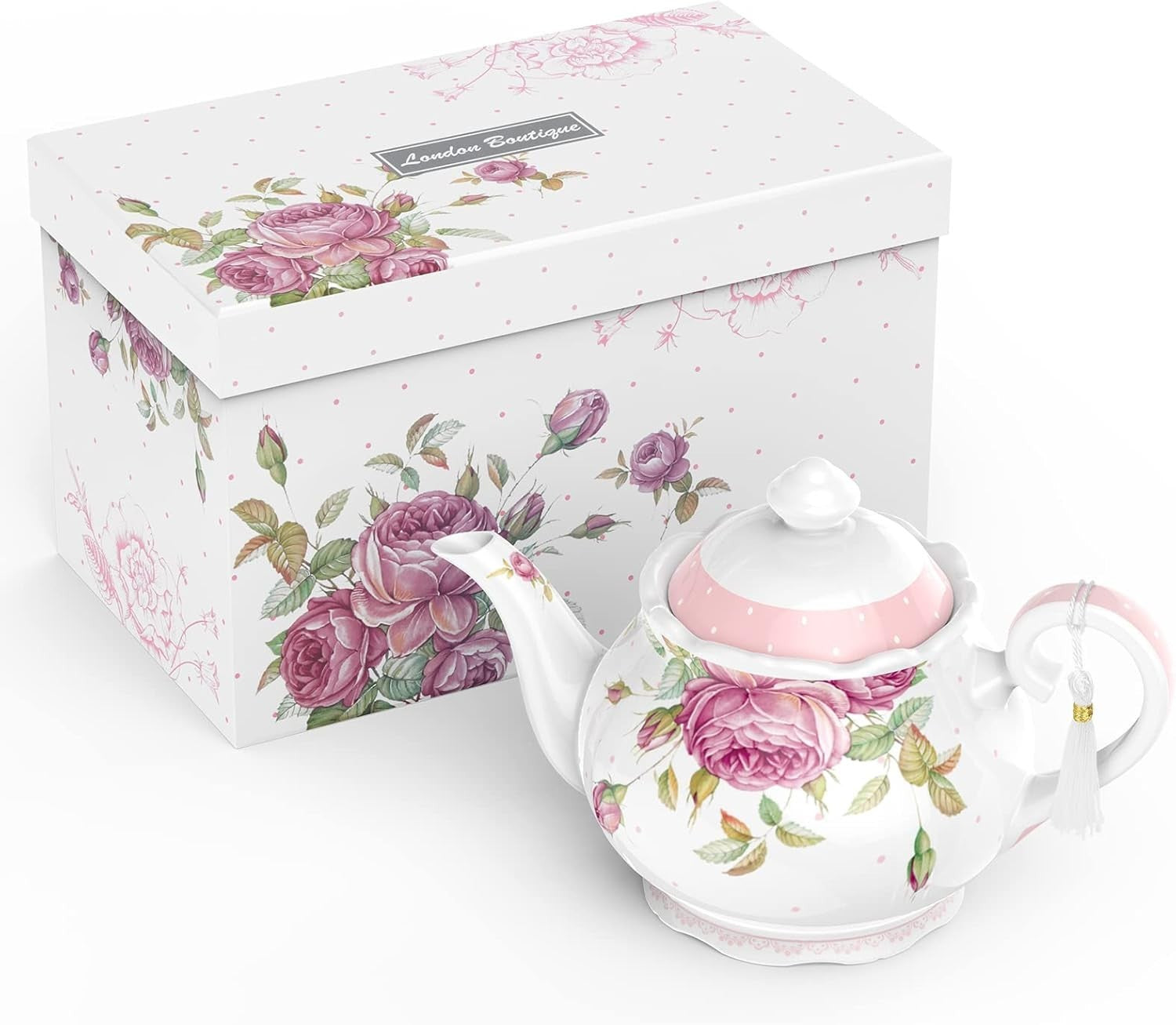 Ceramic Teapot 1.3L Vintage Floral Tea Pot Loose Leaf Gift Box