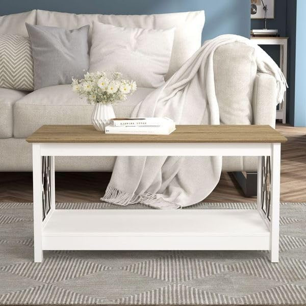 Modern Rectangular Coffee Table with Storage Shelf White Oak 90x50x44cm