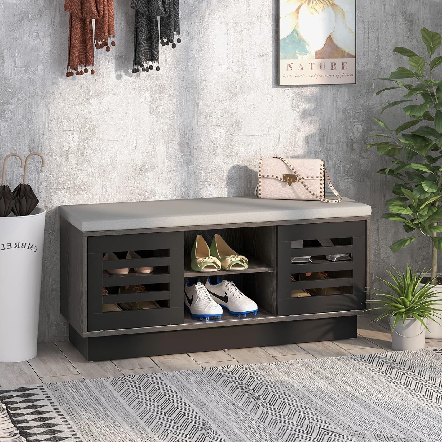 2-Tier Shoe Storage Bench Grey + Dark Grey, 6 Compartments & Sliding Doors