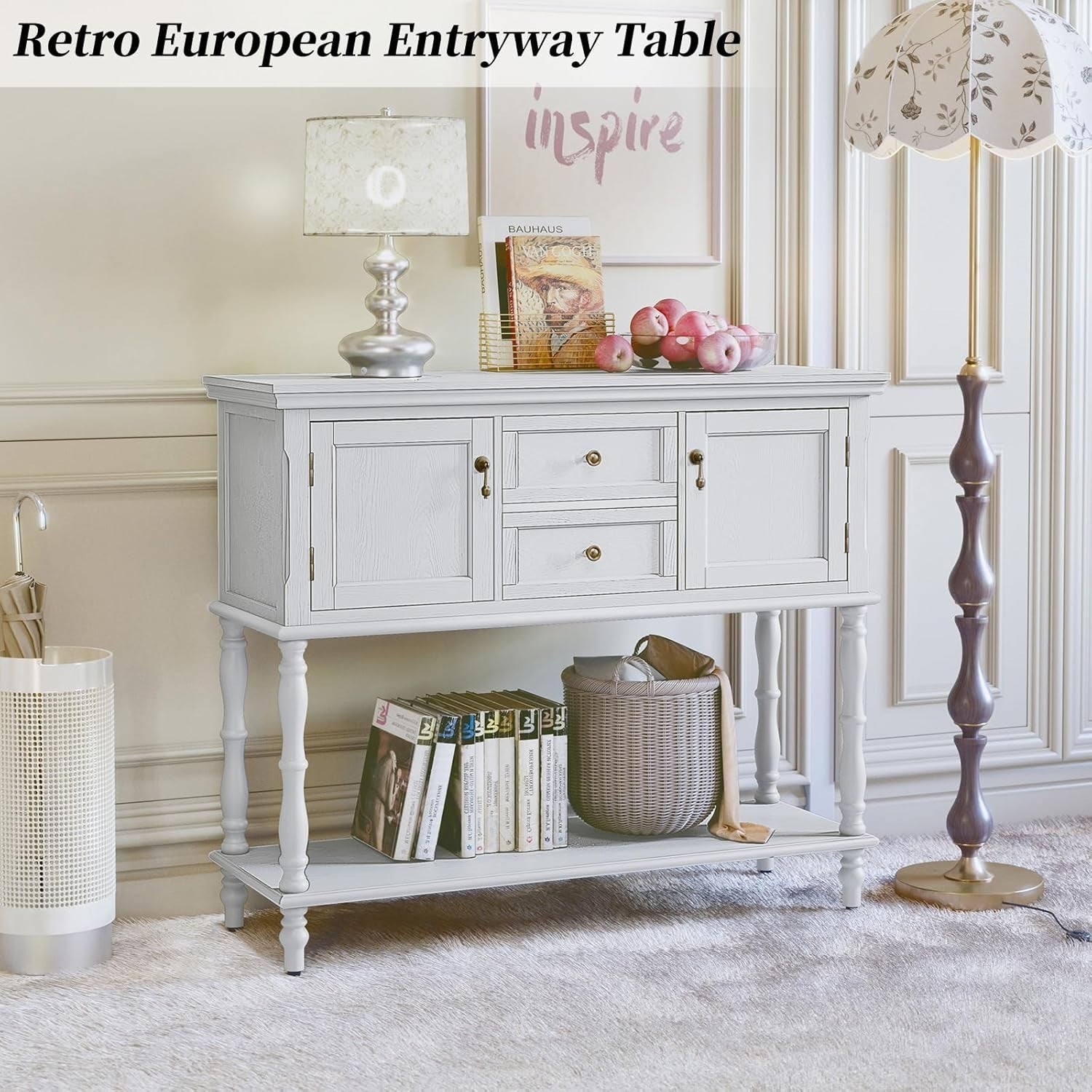 White Wooden Console Table with Drawers & Storage, Hallway Entryway, 35.5"D