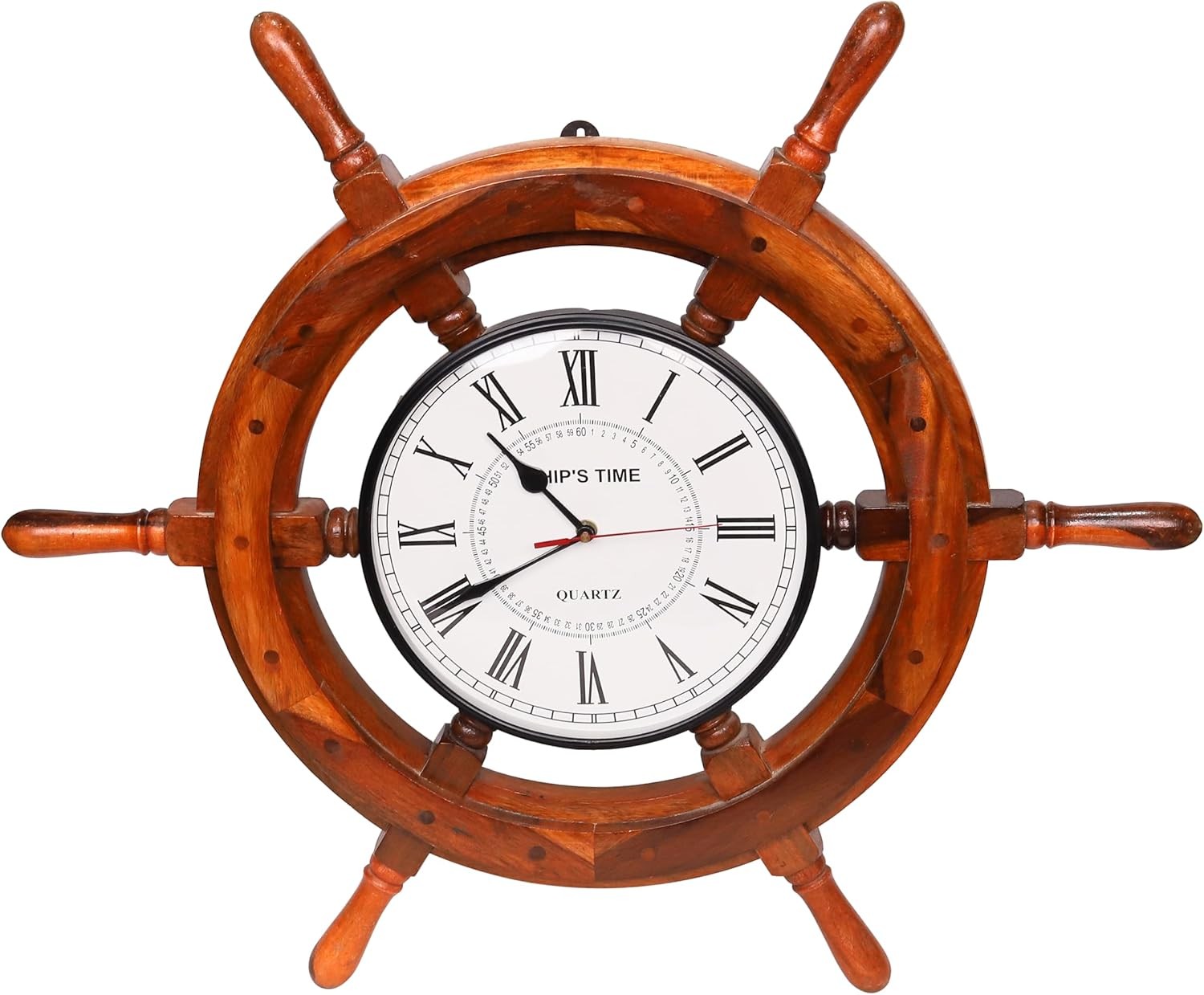 Nautical Wooden Ship Wheel Clock 24" Rustic Maritime Wall Decor Brass Center