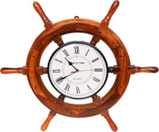 Nautical Wooden Ship Wheel Clock 24" Rustic Maritime Wall Decor Brass Center