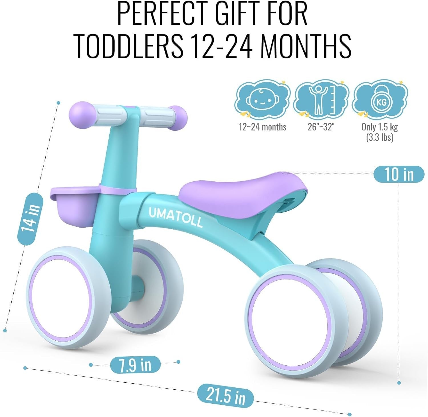 Baby Balance Bike 1 Year Old Toddler Ride On 4 Wheel Basket Purple Blue
