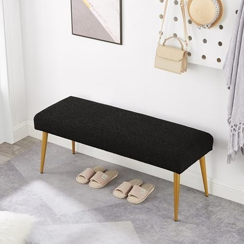 Luxury Black Upholstered Entryway Bench with Gold Metal Legs – 112cm Padded
