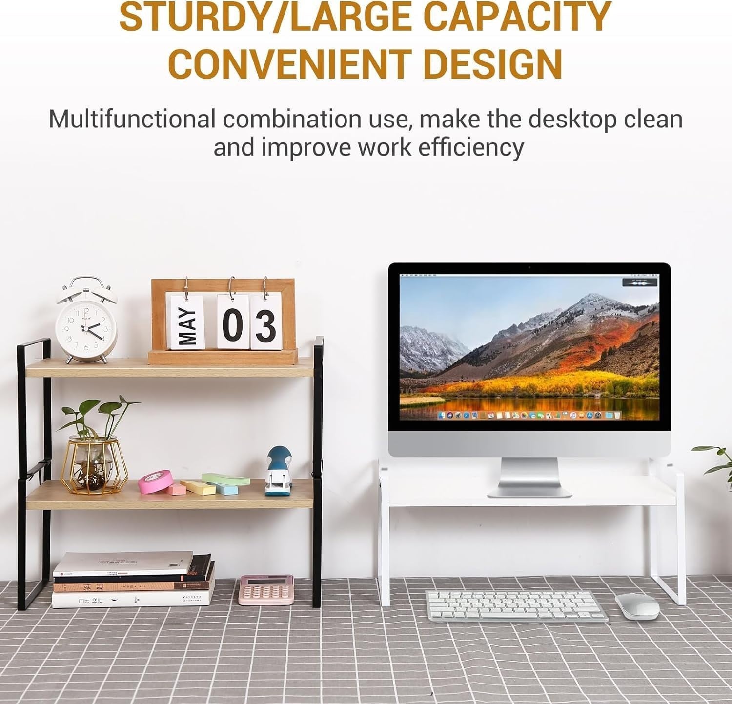 Adjustable Wood Desktop Shelf – 2-Tier Office Desk Organizer & Storage Rack