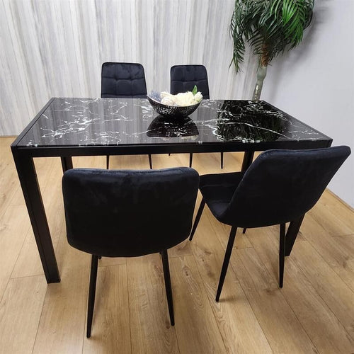 Black Marble Glass Dining Table Set with 4 Velvet Chairs Modern 120cm