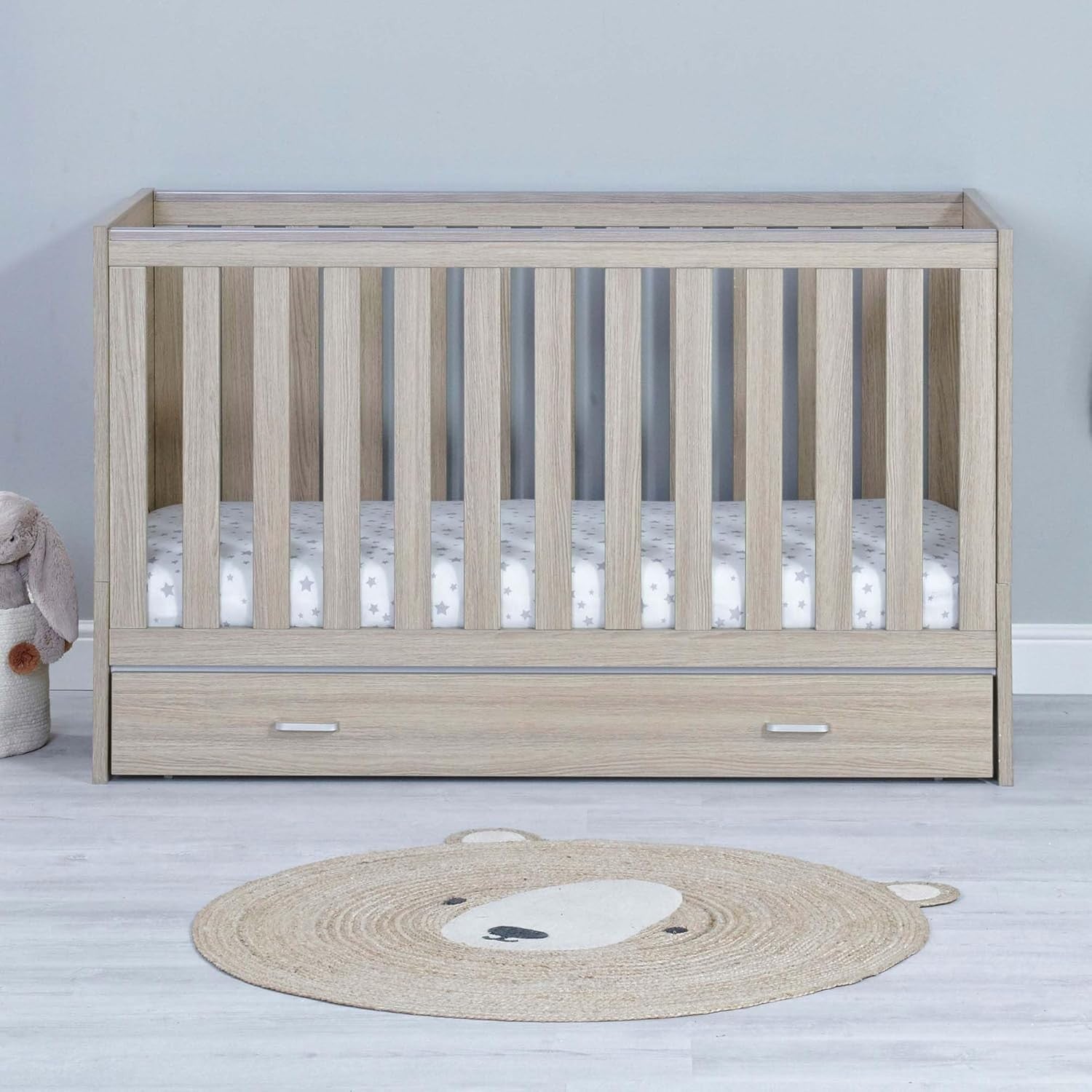 Convertible Baby Cot Bed with Drawer Toddler Bed Adjustable Mattress Height Oak