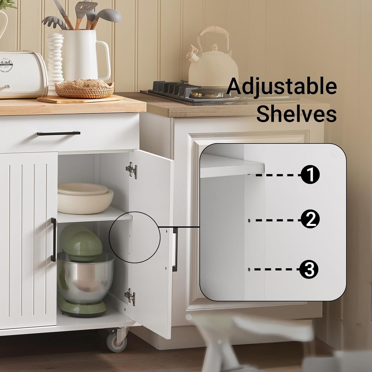 74.5x45.5x91cm White Kitchen Island Trolley Rubberwood Top