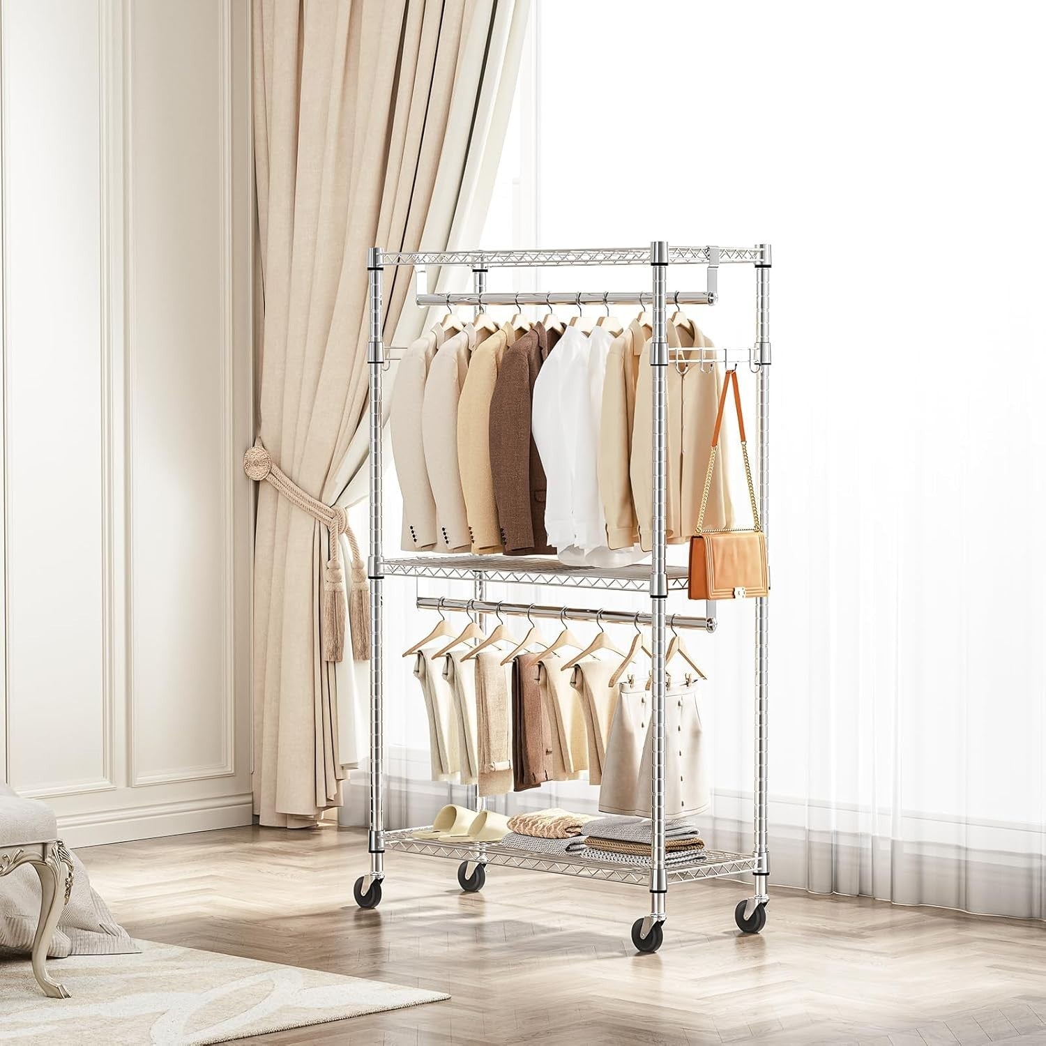 Heavy Duty 3-Tier Garment Rack with Wheels – Chrome 189cm