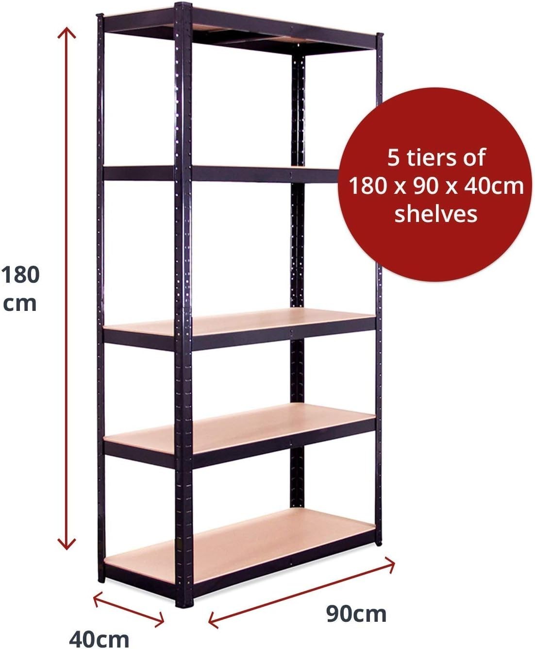 5-Tier Garage Shelf Unit 180x90x40cm Adjustable Heavy-Duty MDF + Steel