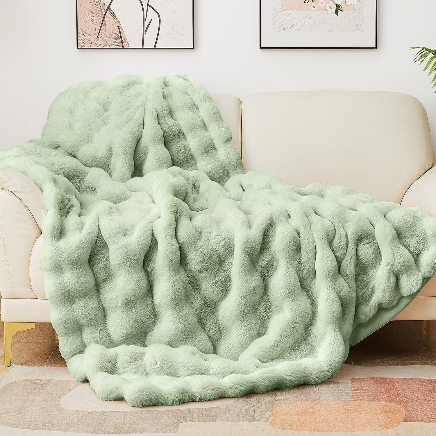 Luxury Sage Green Faux Fur Bubble Blanket Twin 152x203cm Super Soft Warm