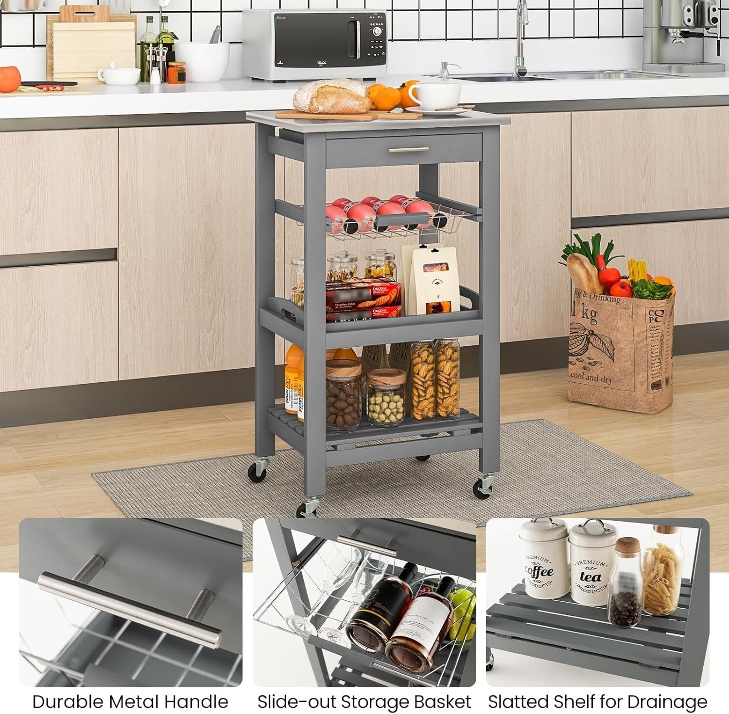 Kitchen Trolley on Wheels w/ Stainless Steel Top Drawer
