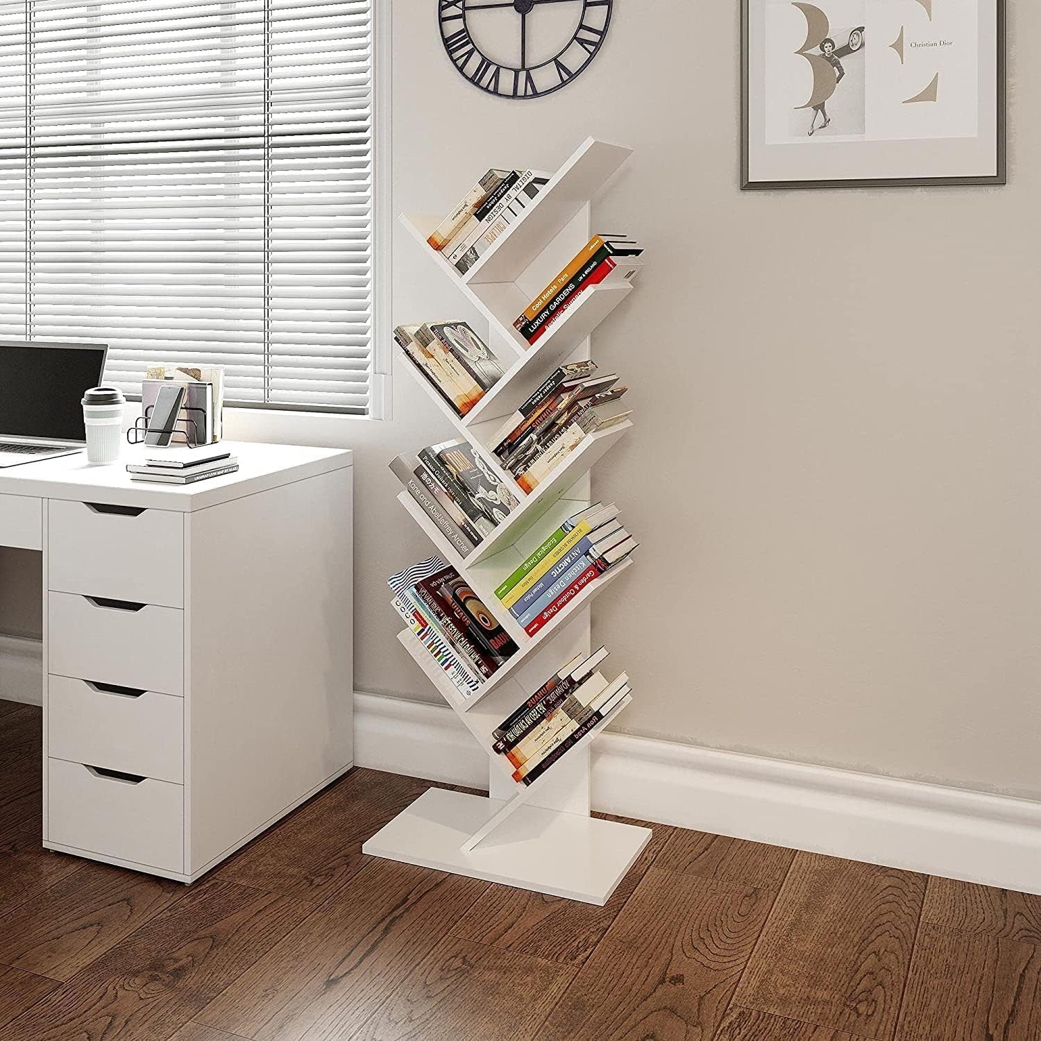 Tall White Tree Bookshelf | 9-Tier Modern Space-Saving Bookcase for Living Room