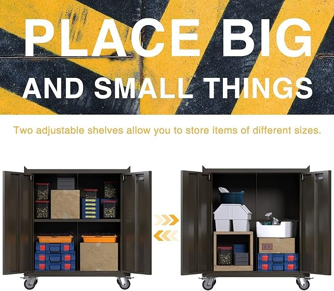 Metal Rolling Storage Cabinet with Wheels, 2 Door Lockable Cupboard