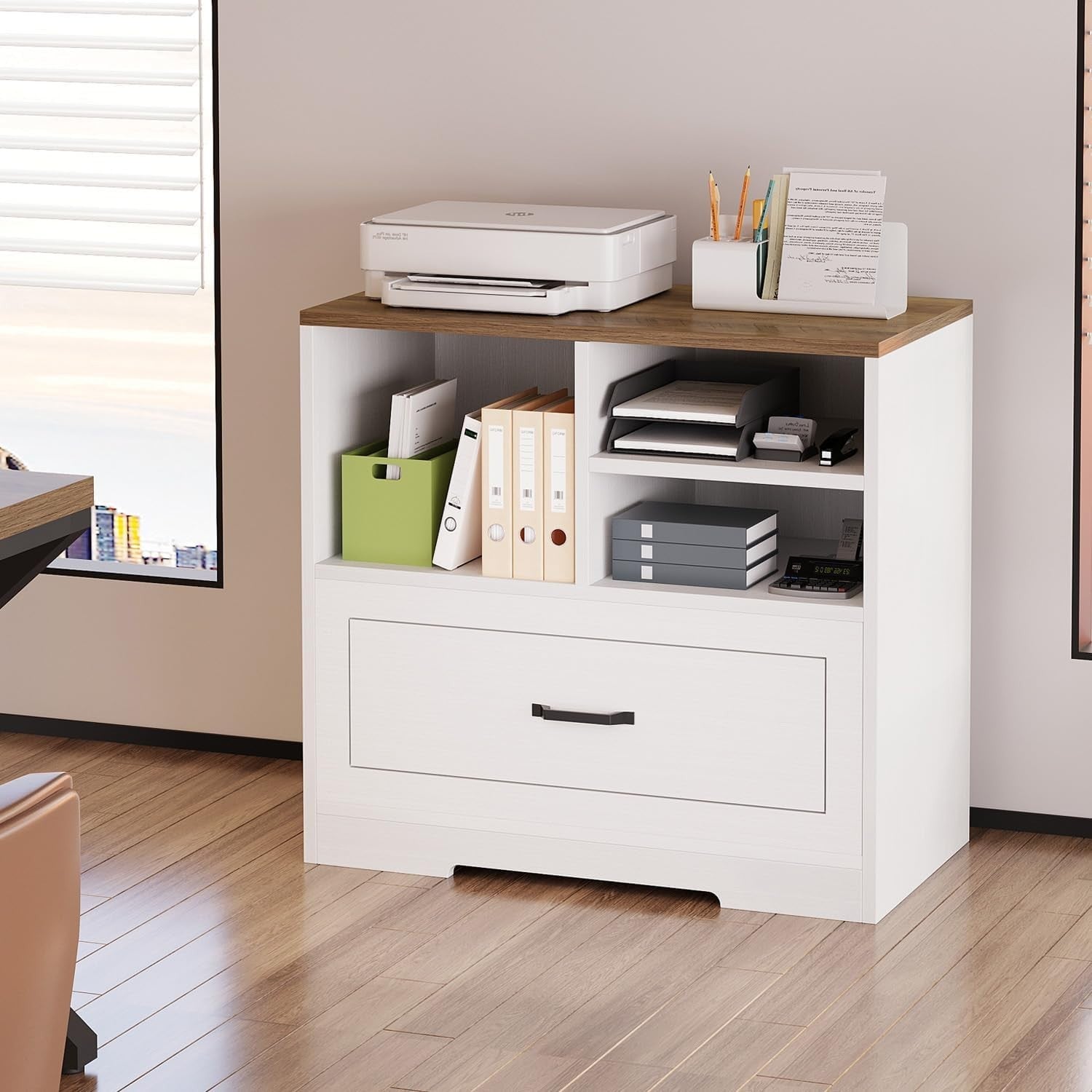 White Oak File Cabinet 83cm Farmhouse Lateral Drawer Printer Stand