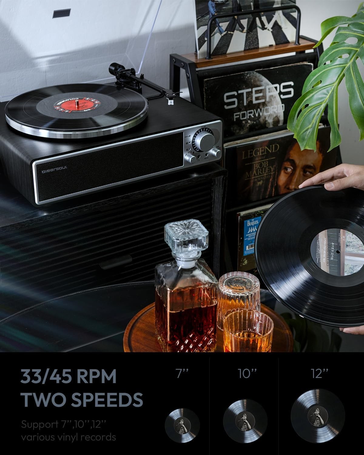 All in One Bluetooth Turntable Built in Speakers HiFi Record Player Black
