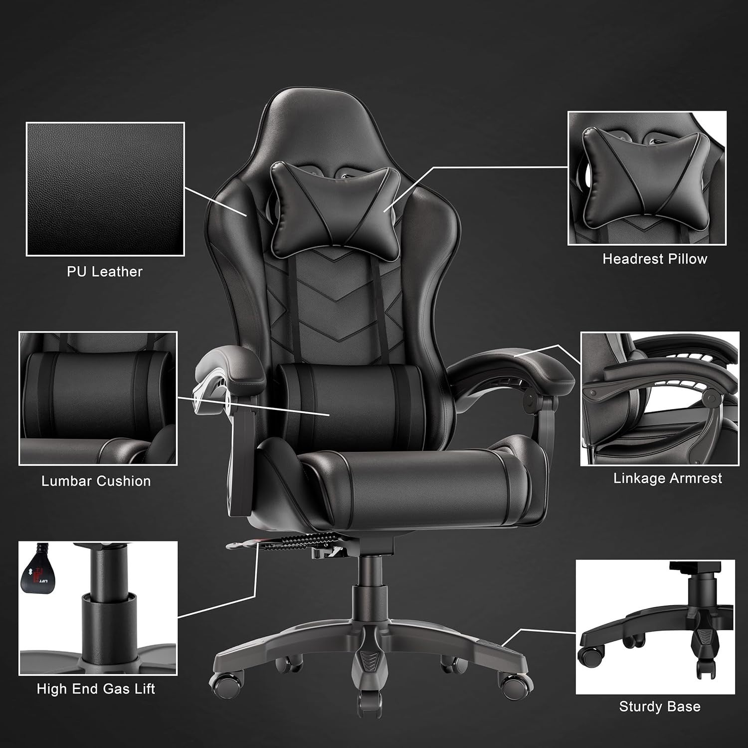 Ergonomic Gaming Office Chair Recline 90-135° PU Leather Adjustable Height 150kg