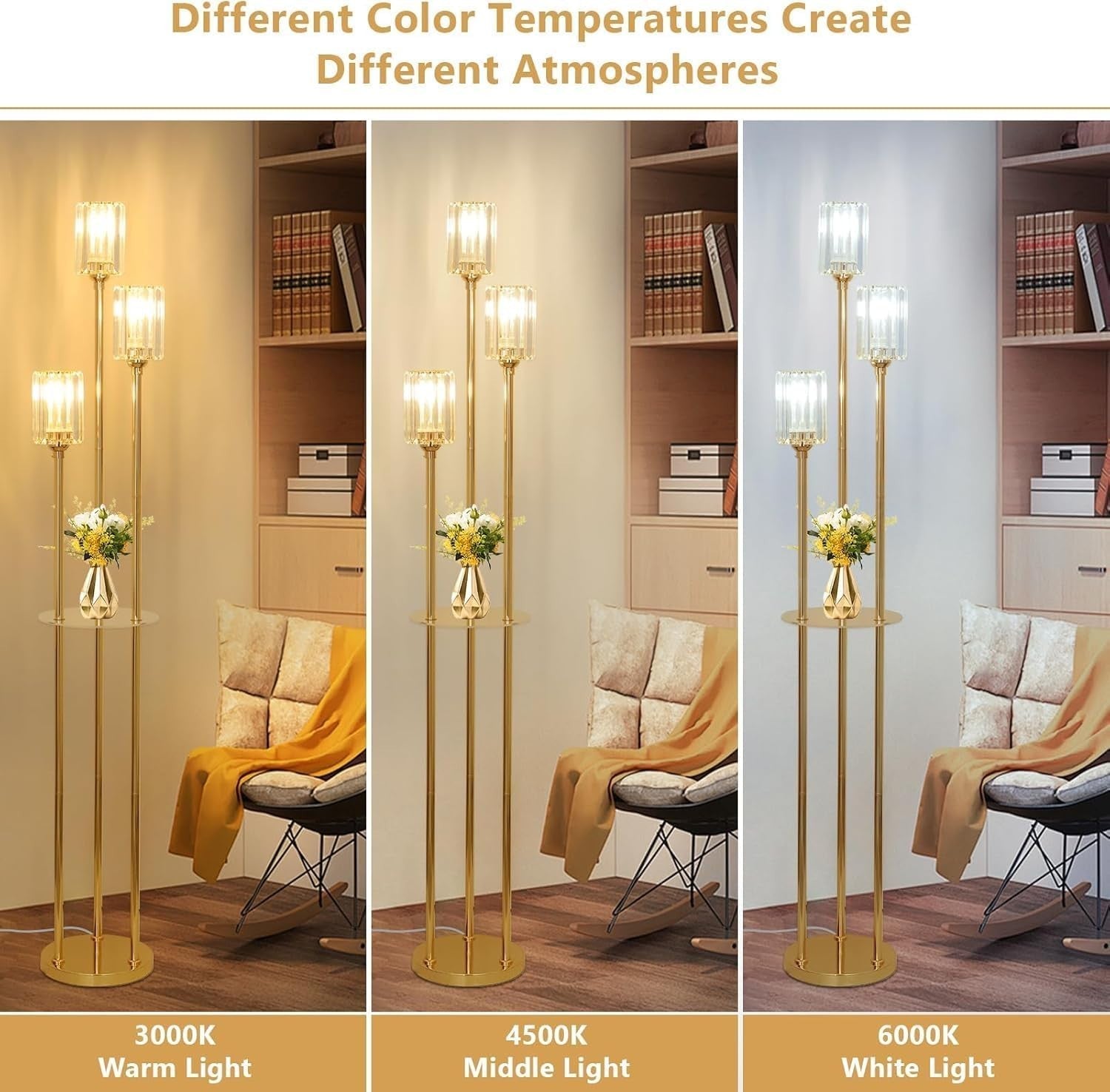 Modern 3-Light Floor Lamp with Glass Shades & Shelves – Living Room, Office