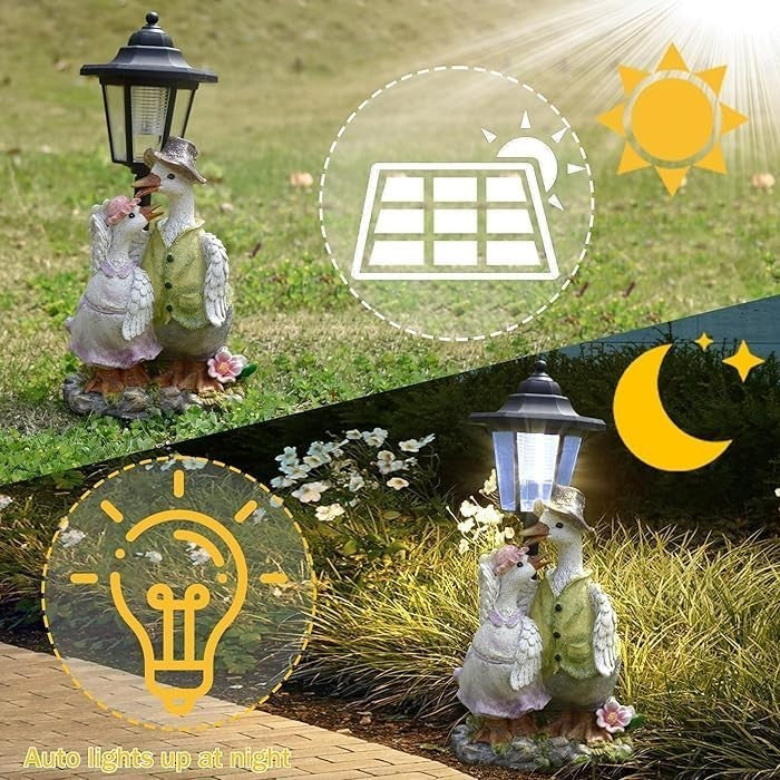 Solar Duck Couple Garden Ornament • Resin Outdoor Statue with LED Lantern Decor