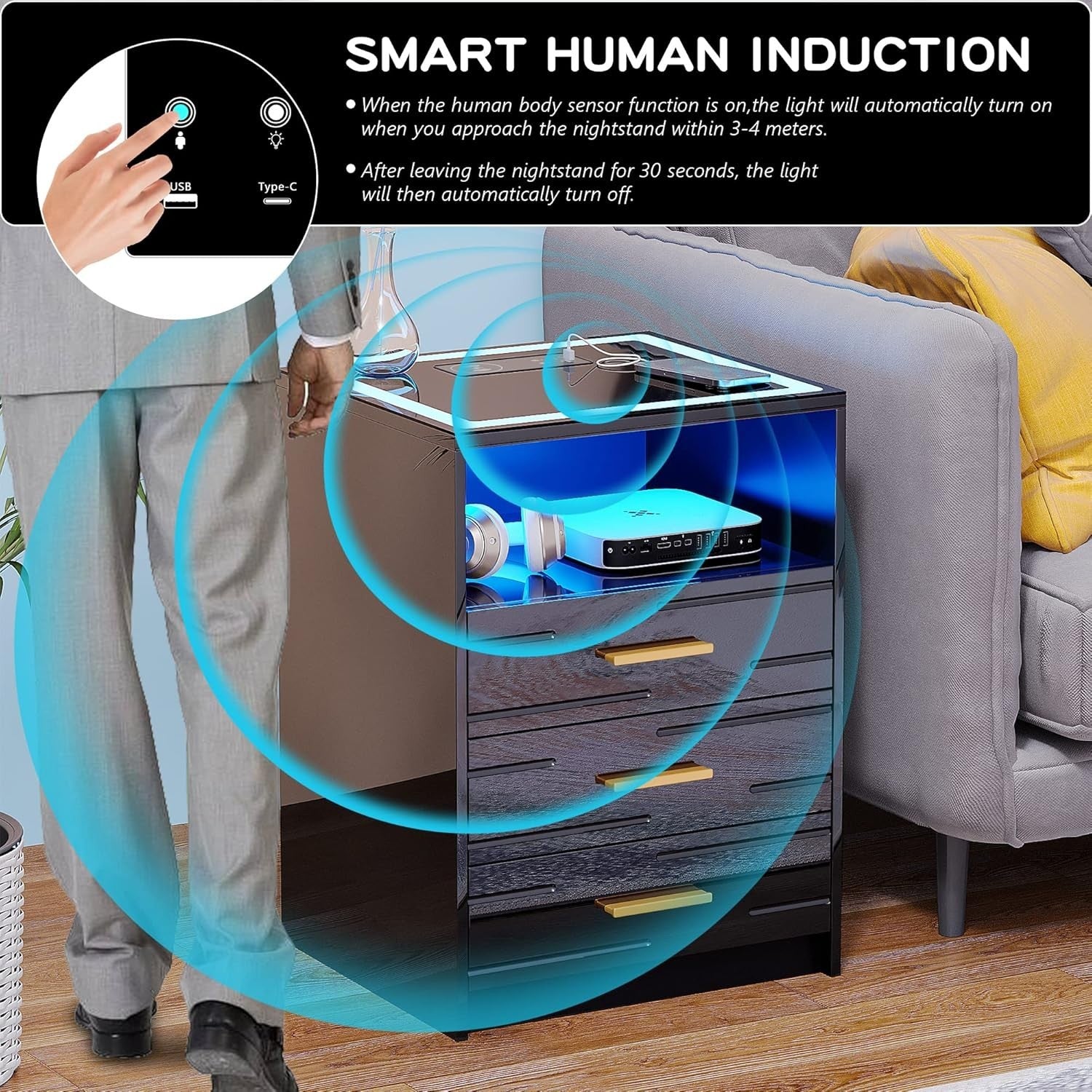 Set of 2 LED Black Bedside Tables with Wireless Charging 3 Drawers
