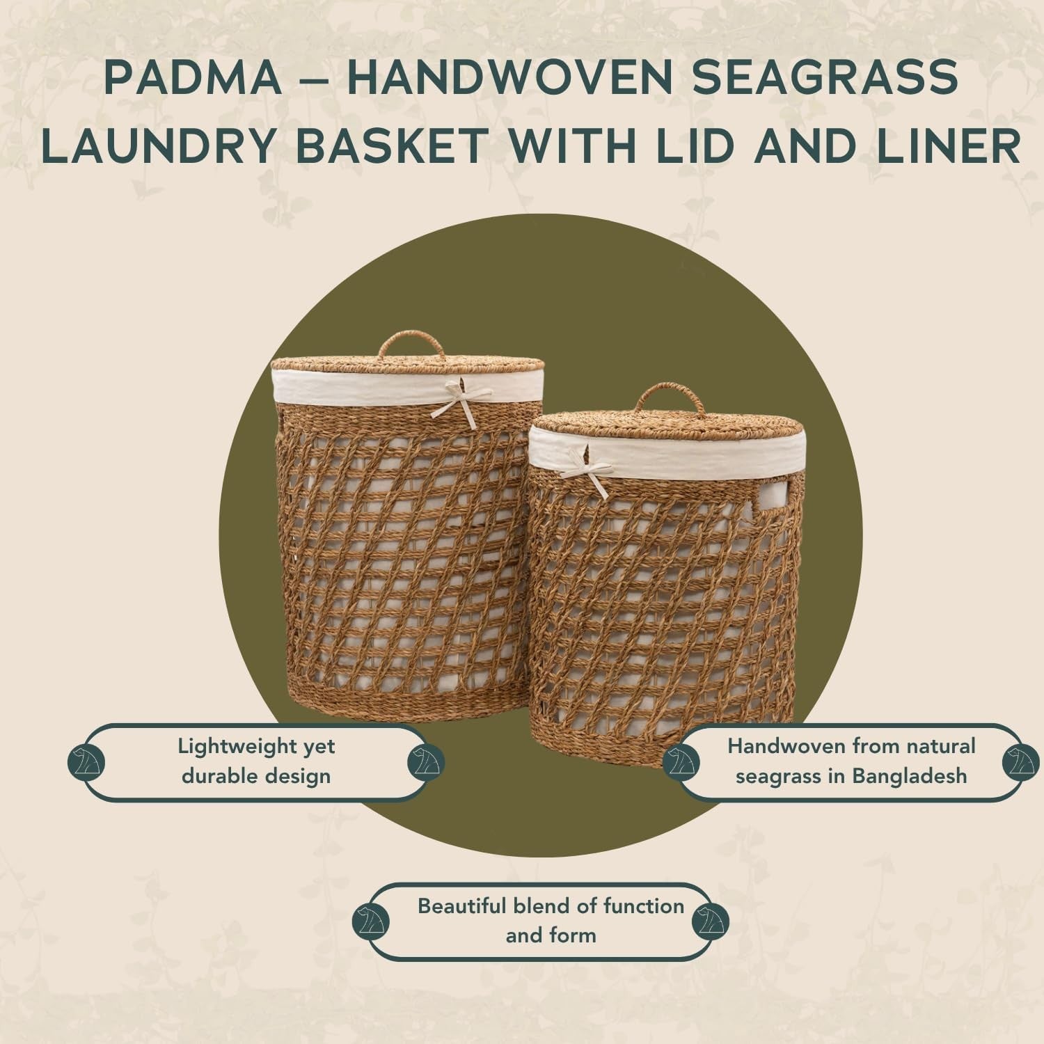 Extra Large Seagrass Laundry Basket with Lid & Cotton Liner – Handwoven Oval Sto