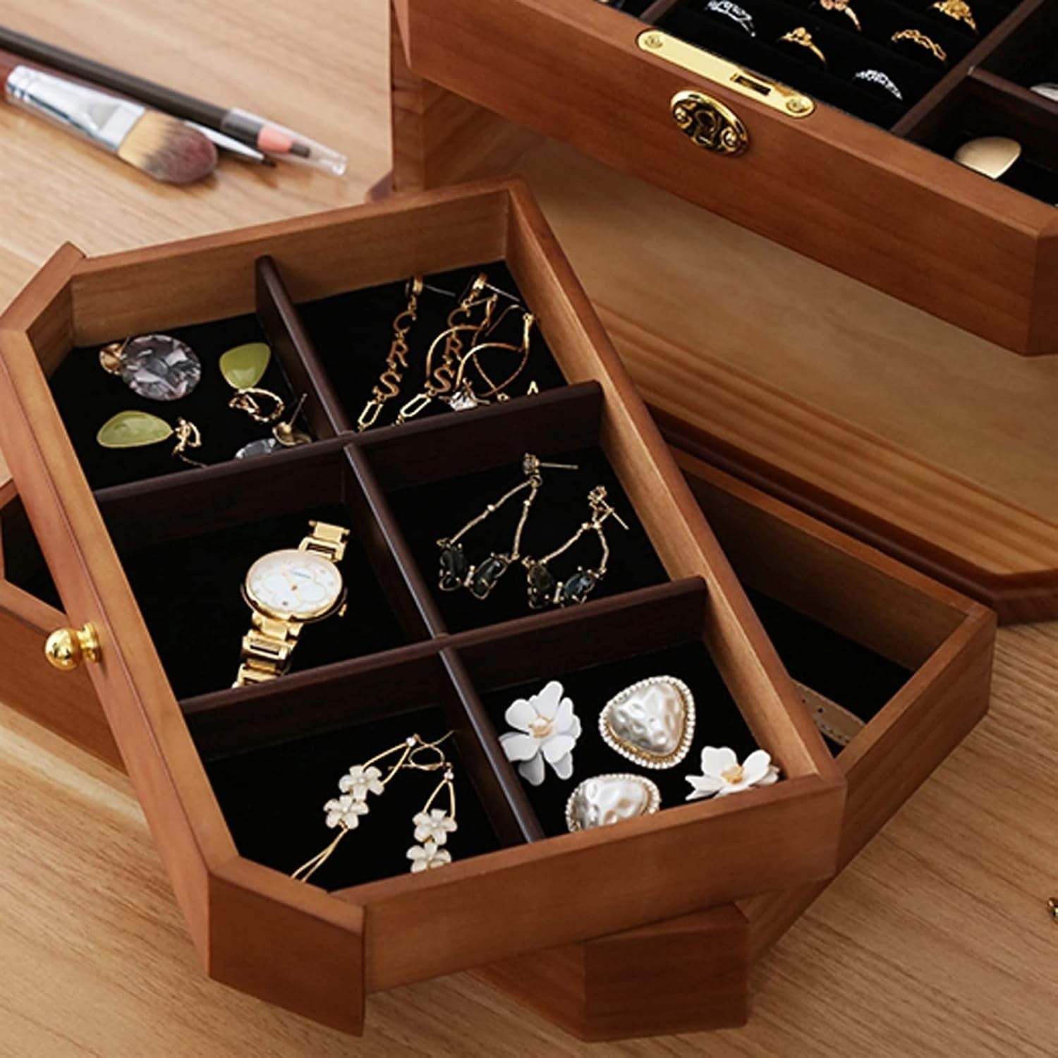 Extra Large Wooden Jewelry Box Combo Lock Velvet Organizer Cabinet