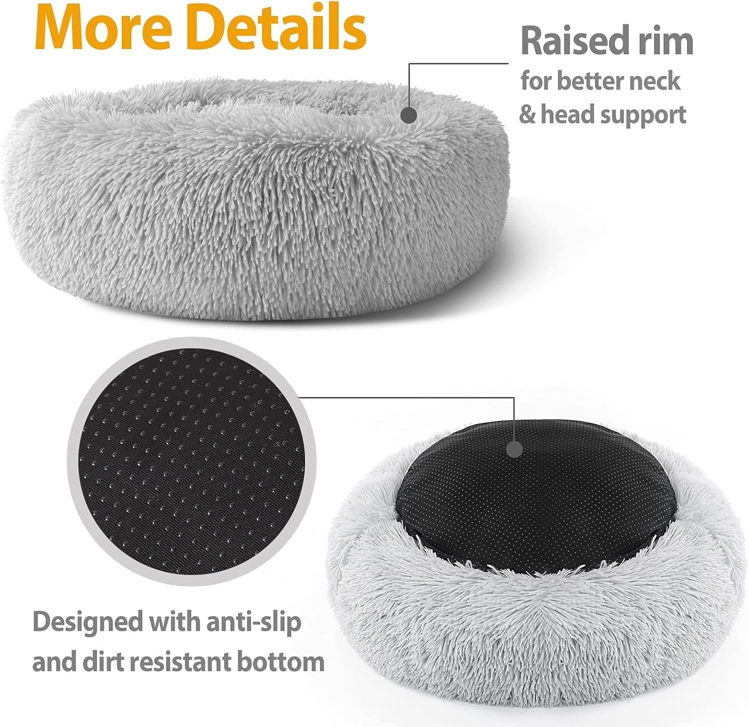 Calming Donut Dog Bed 80cm Round Plush Anti Anxiety Pet Cushion Grey