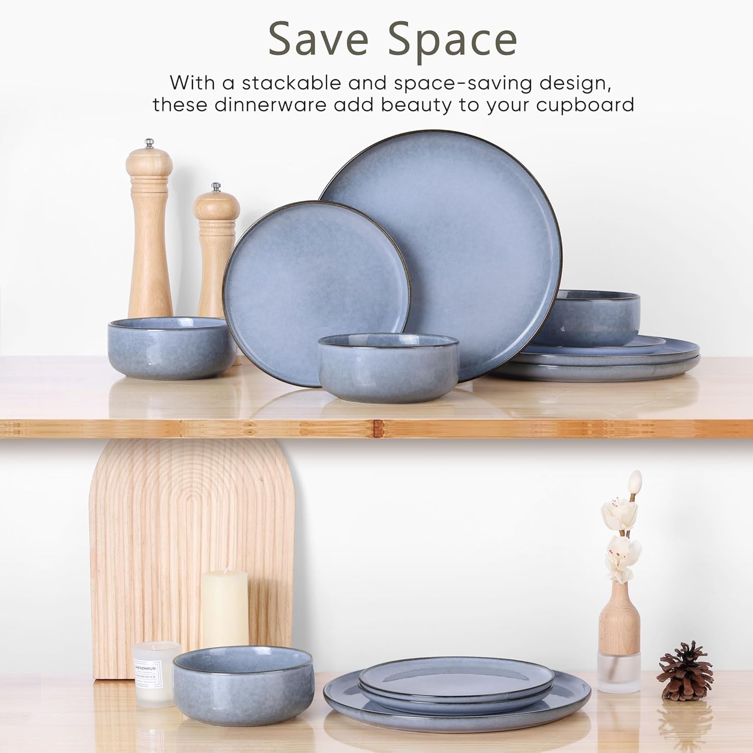 12pc Stoneware Dinner Set Plates Bowls Microwave Dishwasher Safe Blue
