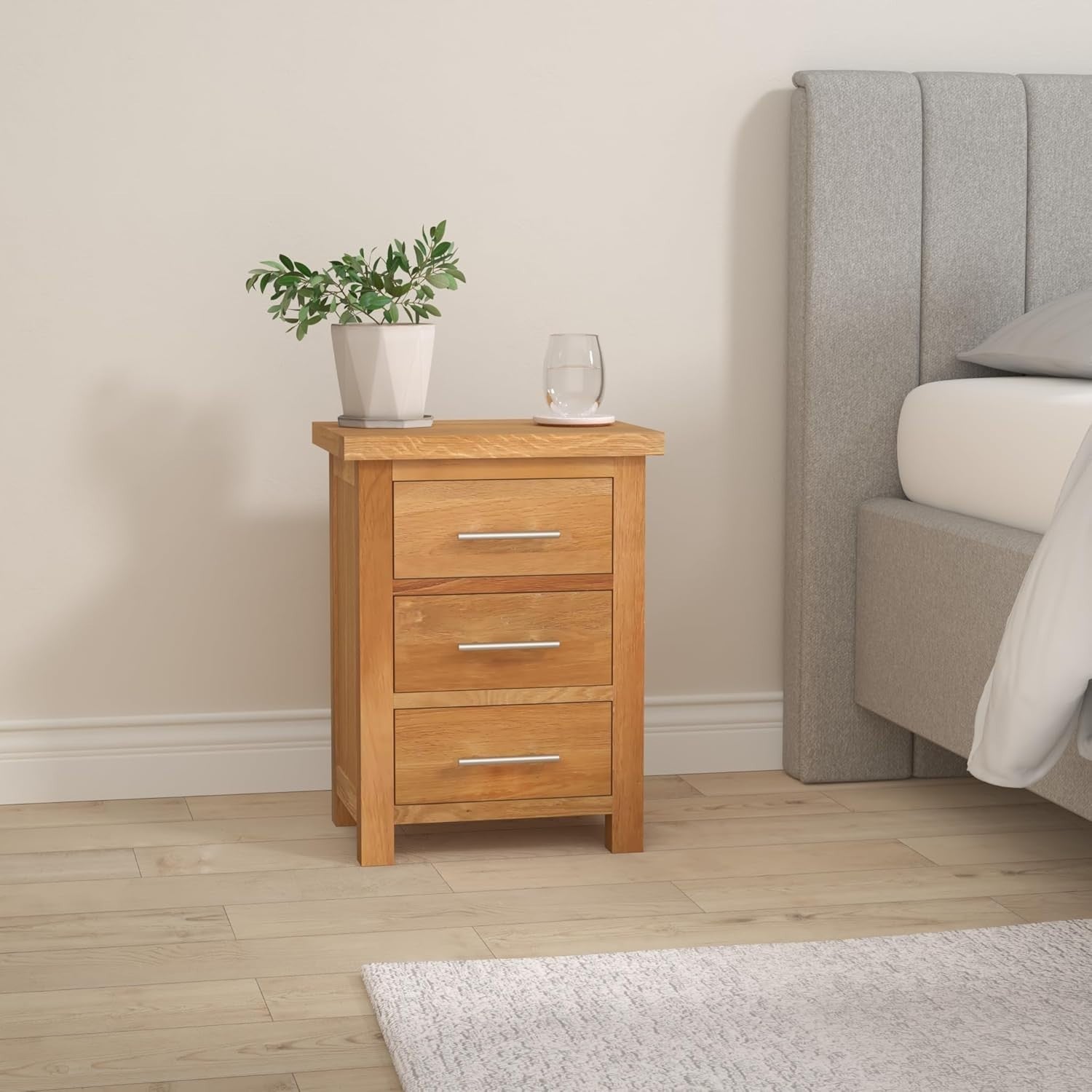 Solid Oak Wood Bedside Table with 3 Drawers, Light Oak Finish 56x42x32cm