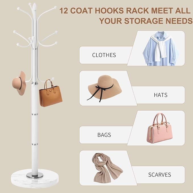 White Metal Coat Rack Stand Marble Base 12 Hooks Hall Tree Organizer