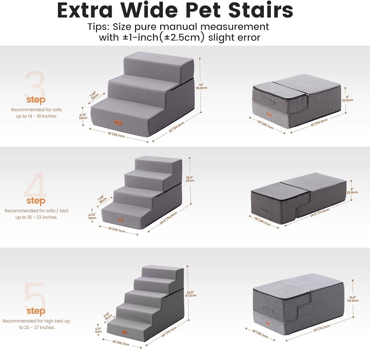 3 Step Dog Stairs Foam Ramp Non-Slip Grey 35x50x35cm