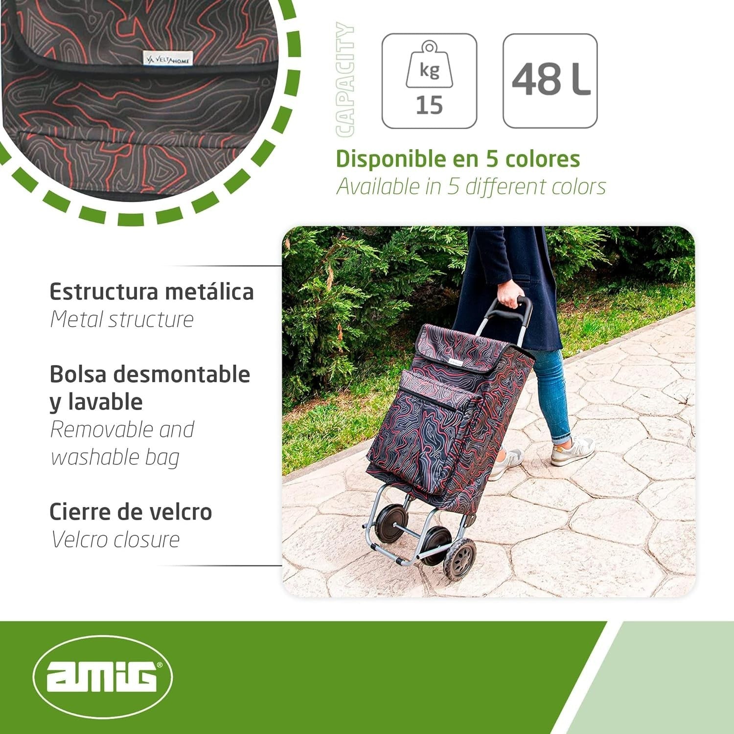 48L Lightweight 4-Wheel Shopping Trolley – Removable Bag, Black